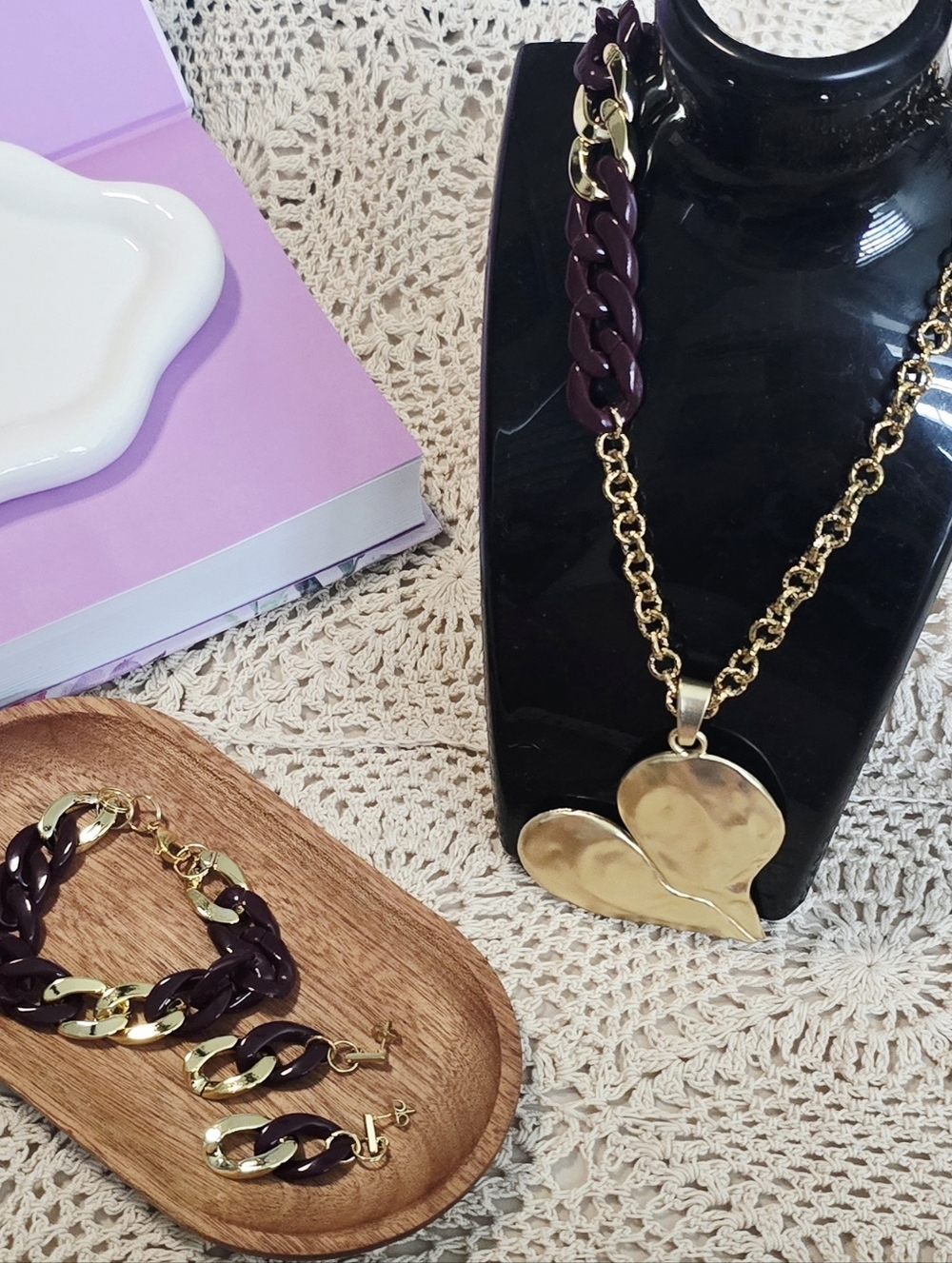 Gold Heart Pendant Necklace with Plum Link Chain by